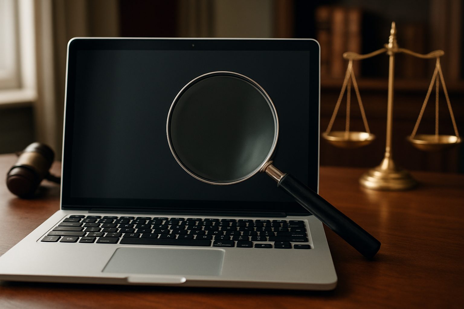A laptop with a magnifying glass and a gavel on a wooden table, background features a scale of justice